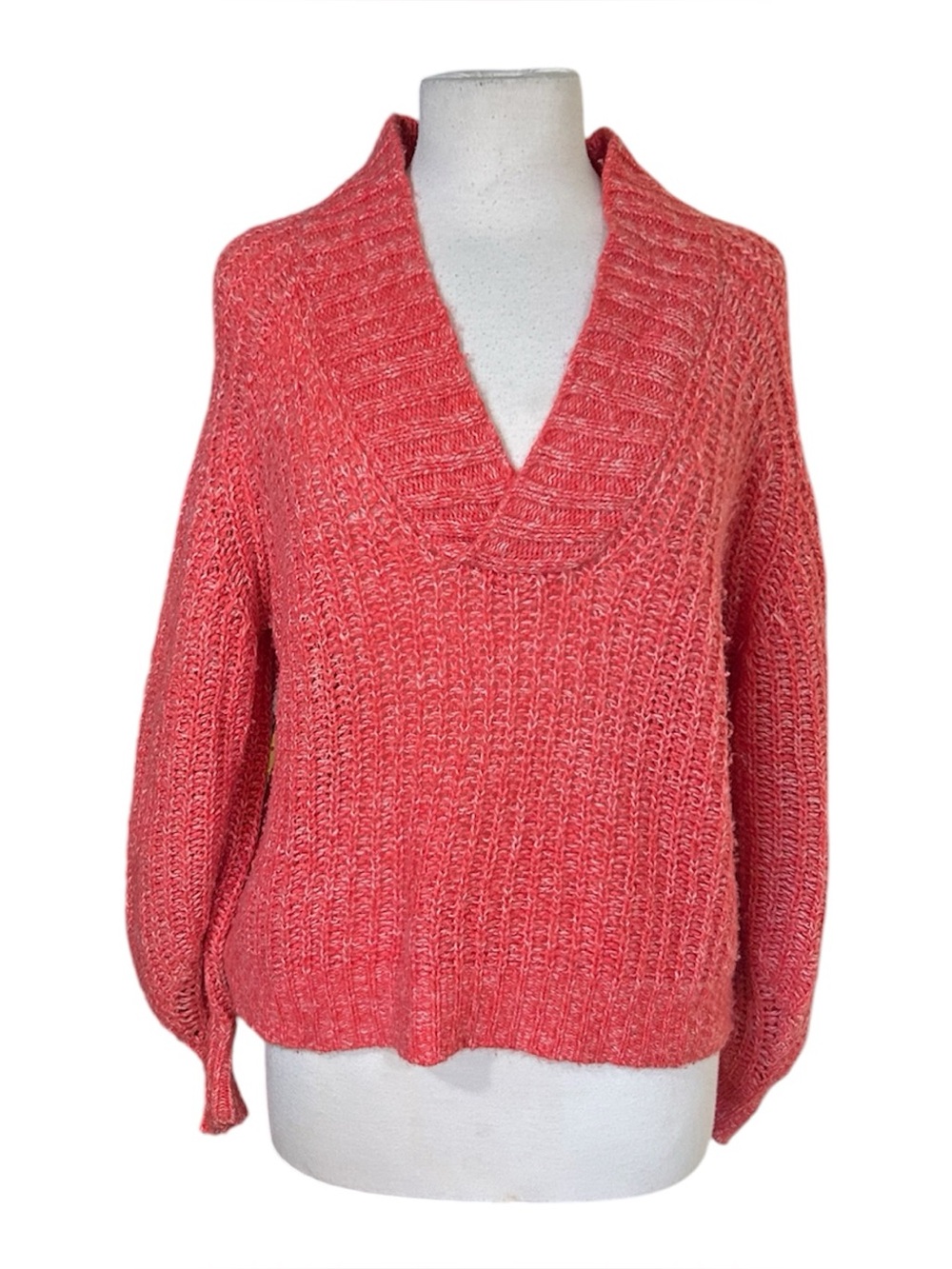 by Anthropologie Oversized V-Neck Sweater Size M Pink Chunky Knit Wool Blend